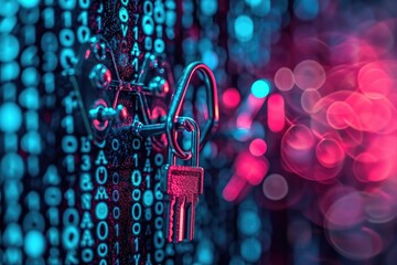 A padlock is securely attached to a chain against a vibrant and colorful background, Encryption keys unlocking a secure database, AI Generated - obrazy, fototapety, plakaty