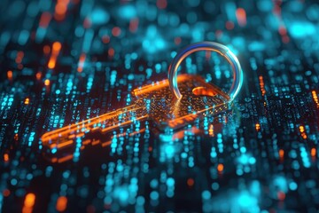 A photo of a key placed on a digital background, showcasing the contrast between the physical object and the virtual environment, Encryption keys unlocking a secure database, AI Generated