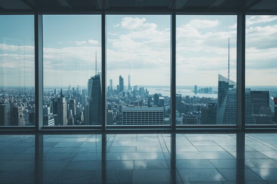 Fototapeta An unoccupied room featuring a wide window view of the cityscape, Empty city skyline view from a high-rise corporate building, AI Generated