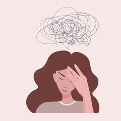 sad girl with a confused thoughts over her head- vector illustration of emotional condition - image of emotions