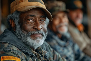 A group of veterans in uniform at a community center, sharing stories of service, blending tales of bravery with laughter and camaraderie. - obrazy, fototapety, plakaty