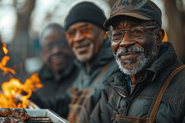 A group of veterans in uniform gathering for a barbecue, their laughter and stories filling the air with warmth and fellowship. - obrazy, fototapety, plakaty