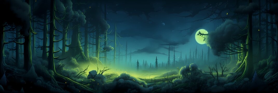 Dark Mysterious Forest Landscape Background image HQ Print 15232x5120 pixels. Neo Game Art V5 22