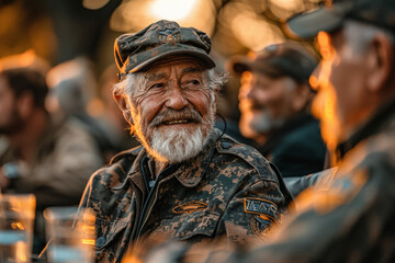 A group of veterans in uniform gathering for a barbecue, their laughter and stories filling the air with warmth and fellowship.