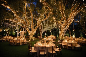 Naklejka premium A beautiful wedding reception setup featuring charming lights and elegant trees, Exquisite outdoor wedding with fairy lights twinkling in the trees, AI Generated