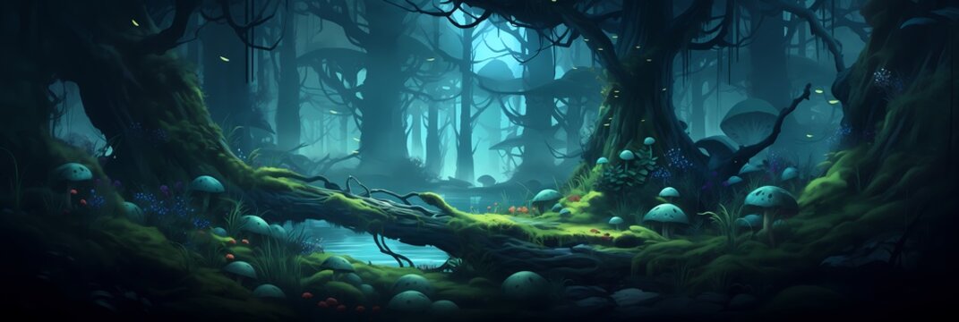 Dark Mysterious Forest Landscape Background image HQ Print 15232x5120 pixels. Neo Game Art V5 19