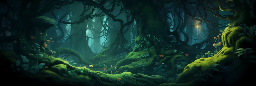 Dark Mysterious Forest Landscape Background image HQ Print 15232x5120 pixels. Neo Game Art V5 18