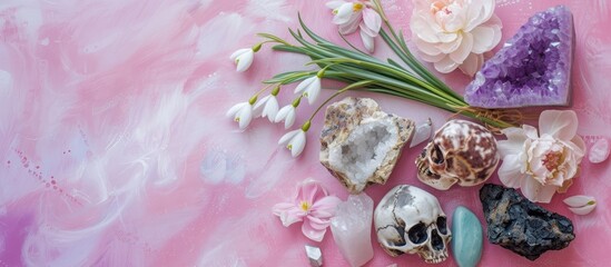 A collection of shells and flowers, including gemstones, animal skulls, and snowdrops, arranged on a pink abstract background, commonly used in relaxation, meditation, witchcraft, and life balance