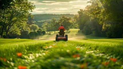 Fototapeten A landscaper operating a ride-on lawn mower © maxwellmonty