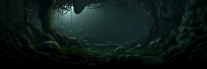 Dark Mysterious Forest Landscape Background image HQ Print 15232x5120 pixels. Neo Game Art V5 15