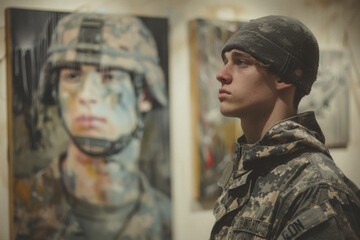 A military veteran in uniform artist displaying their work at a local gallery, using art to process and express their experiences.