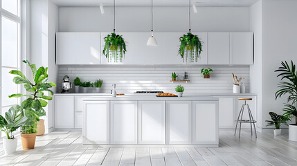 White Kitchen With Hanging Potted Plants