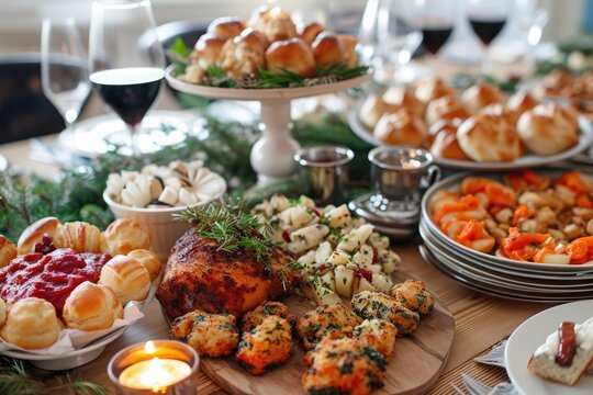 A table set with a variety of delicious dishes and glasses filled with wine, beautifully presented for a meal, Festive Hanukkah dinner with traditional foods like latkes and sufganiyot, AI Generated