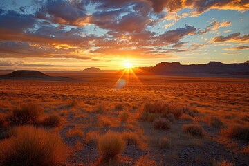 The sun sets in a desert landscape, casting warm golden hues on the mountains in the background, Fiery sunset casting a golden glow over a sprawling desert, AI Generated