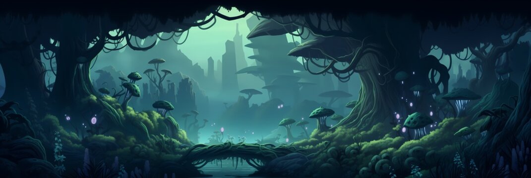 Dark Mysterious Forest Landscape Background image HQ Print 15232x5120 pixels. Neo Game Art V5 9