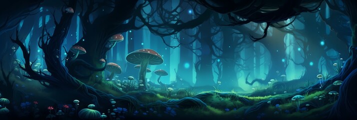 Dark Mysterious Forest Landscape Background image HQ Print 15232x5120 pixels. Neo Game Art V5 8