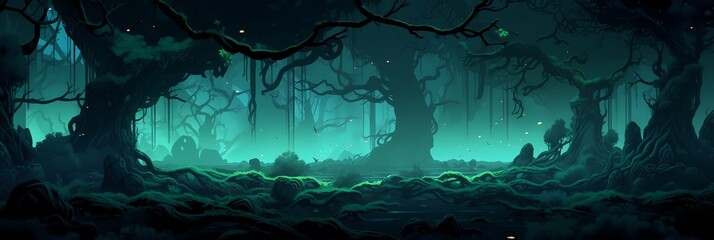 Dark Mysterious Forest Landscape Background image HQ Print 15232x5120 pixels. Neo Game Art V5 7