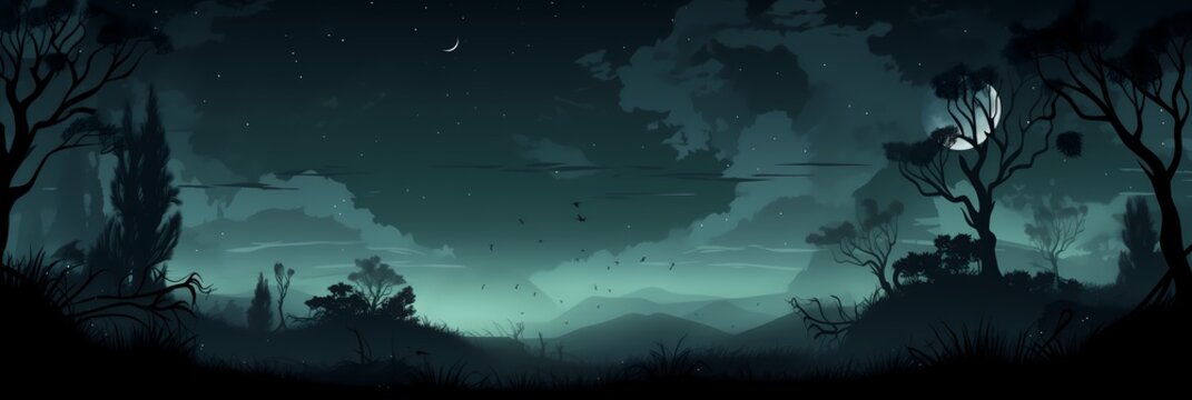 Dark Mysterious Forest Landscape Background image HQ Print 15232x5120 pixels. Neo Game Art V5 4