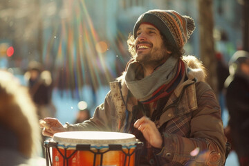 A person tapping out rhythms on a set of bongos in a city square, gathering an impromptu audience of appreciative listeners.