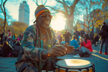 A person tapping out rhythms on a set of bongos in a city square, gathering an impromptu audience of appreciative listeners.