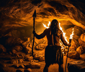 Primeval Caveman Wearing Animal Skin Exploring Cave At Night, Holding Torch with Fire Looking at Drawings on the Walls at Night. Neanderthal Searching Safe Place to Spend the Night