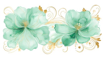 Abstract marbled ink liquid fluid watercolor 
hand-painted texture. Soft mint green petals, blossoming flower swirls with gold painted lines, isolated on white background.