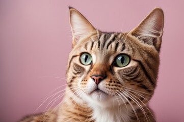 Elegant Striped Tabby Cat with Green Eyes on Pastel Background