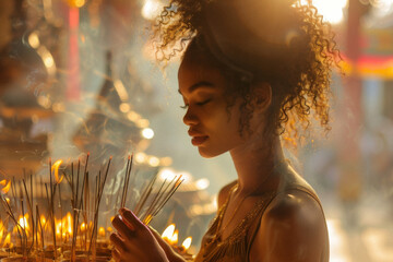 An individual lighting incense at a home altar, creating a moment of reflection and connection to their faith. - obrazy, fototapety, plakaty