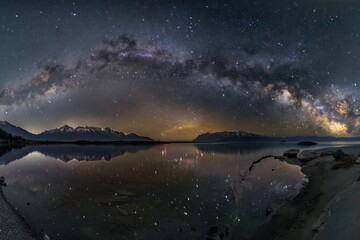 Starry night sky over mountain lake with lone observer