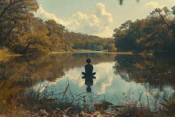 An individual meditating beside a tranquil lake, reflecting the calmness and acceptance within themselves.