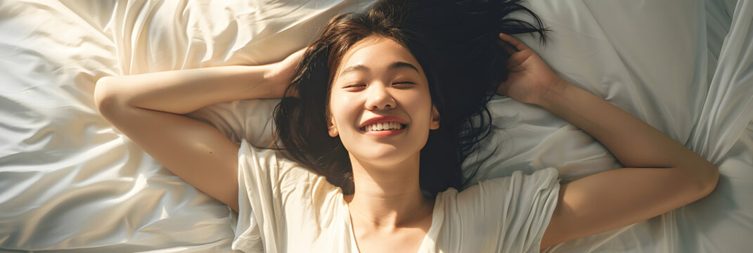 Young relaxed Asian woman resting in her bed with a smile. Top view