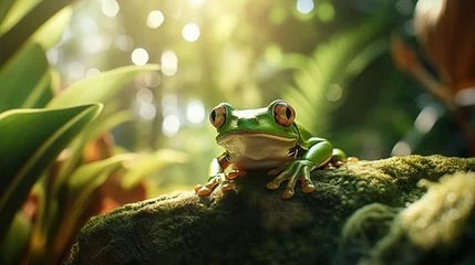 Afwasbaar fotobehang A macro shot of a green tree frog perched on a sizable green leaf © sergiokat
