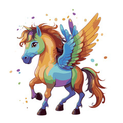 Multicolor vector cartoon kids Illustration of white pony unicorn princess character with big eyes, golden horn, feather wings, hooves on the cloud with rainbow. Long pink hair, mane, tail. Banner