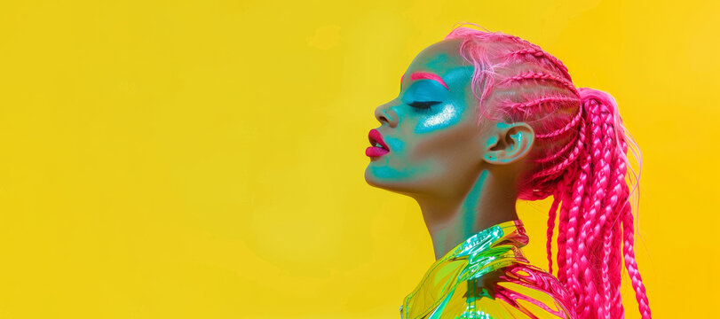pale-skinned model with neon pink hair in braids, dramatic blue blush, and srtiking pose metallic green high-neck jacket. futuristic vibe solid yellow background model's avant garde look. fashion shot