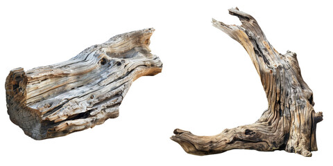 Driftwood Piece Set Isolated on Transparent or White Background, PNG