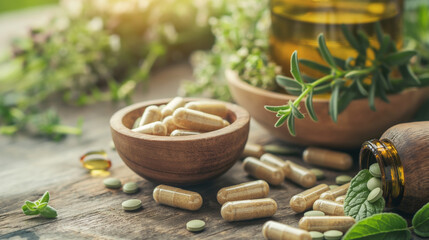 Herbal Supplement. Capsules and Essential Oils Among Fresh Greenery - obrazy, fototapety, plakaty