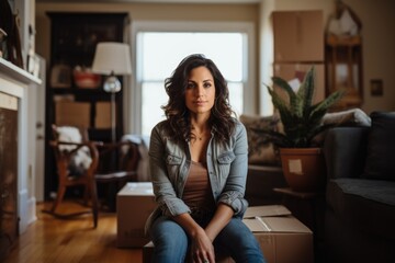 Portrait of a middle aged hispanic woman in new home - obrazy, fototapety, plakaty