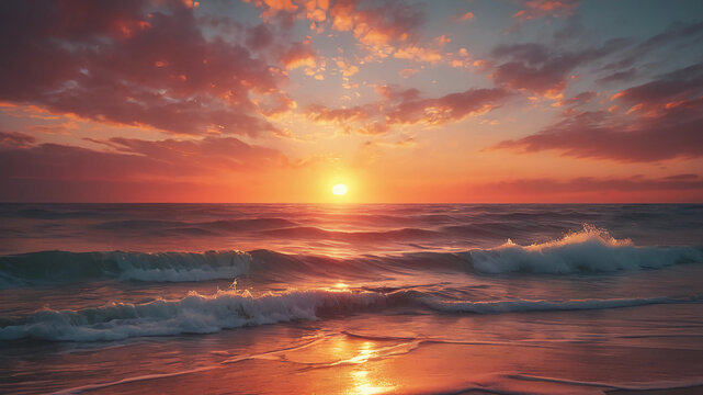 image of sun setting below a calm ocean horizon, golden sky, reflective water, rich clouds, slight lens flare, dreamy atmosphere