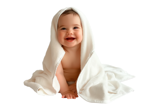 Bebê de toalha sorrindo após o banho, fundo transparente para uso em design, propaganda e marketing.