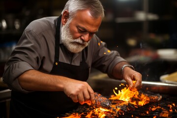 Professional chef grilling a juicy steak over an open flame in a busy restaurant kitchen, focusing on achieving the perfect cook while flames dance around the edges of the meat.