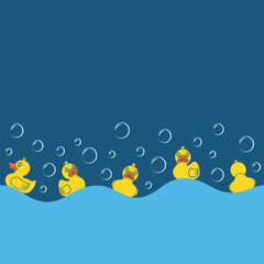 Seamless pattern with yellow toy ducks and bubbles. Colored vector background. - 744171142