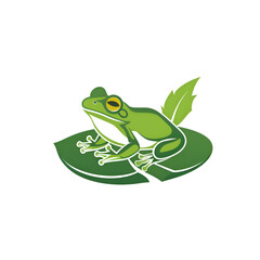 A logo illustration of a tree frog on a lily pad, white background