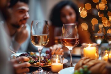 Amidst the warm glow of candlelight, a group of friends share laughter and stories over glasses of wine at a beautifully set table
