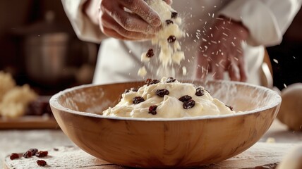 A chef sprinkling flour onto dough with raisins in a wooden bowl