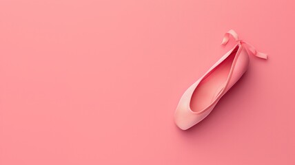 A single pink ballet slipper on a pink background