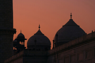Agra, Uttar Pradesh / India - November 17, 2011 : An architectural view of the Taj Mahal at dusk.
