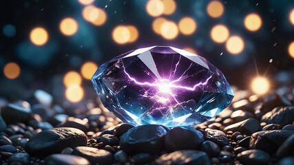 Fototapeta premium an image of a mythical stone that lies on other stones, and in that stone there is lightning.