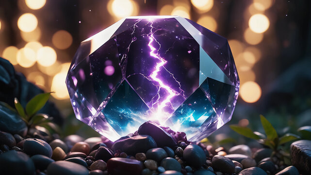 an image of a mythical stone that lies on other stones, and in that stone there is lightning.