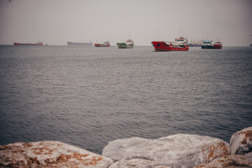 Ships move on in Marmara Sea in Istanbul, Turkey. - 744172114