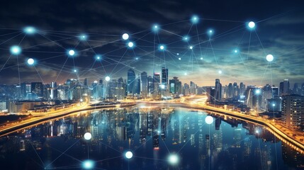 Modern city with wireless network connection and city scape concept.Wireless network and Connection technology concept with city background at night